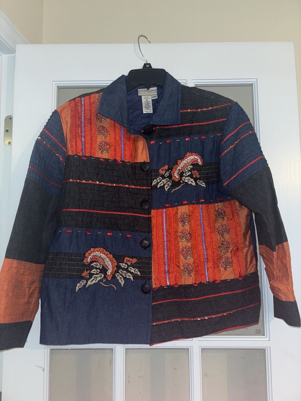 Cold water Creek women’s jacket beaded embroidered blue orange medium button